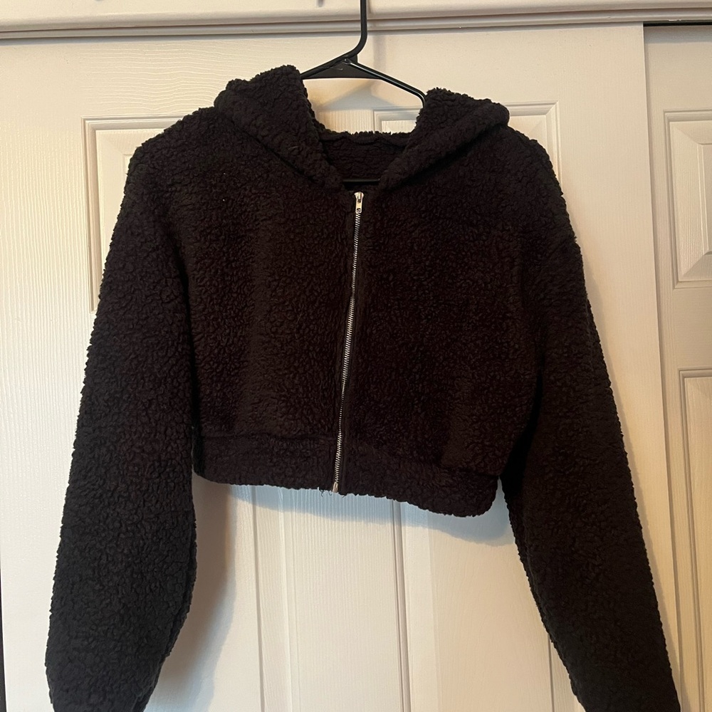 Shein black cropped fuzzy jacket